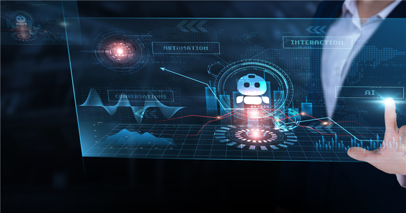 Businessman touching a holographic KYC workflow screen with a small robot icon and progress stages, representing AI-powered KYC orchestration.