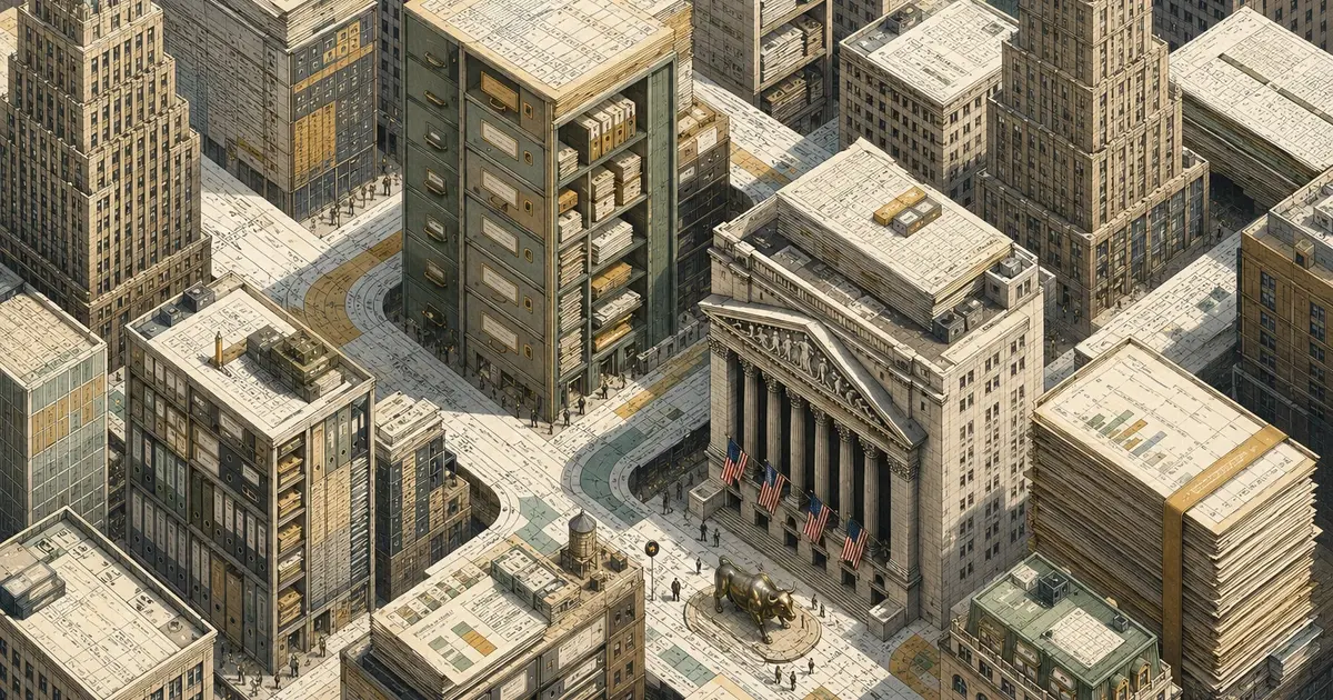 Isometric illustration of a financial district with a classical stock exchange building surrounded by office towers.