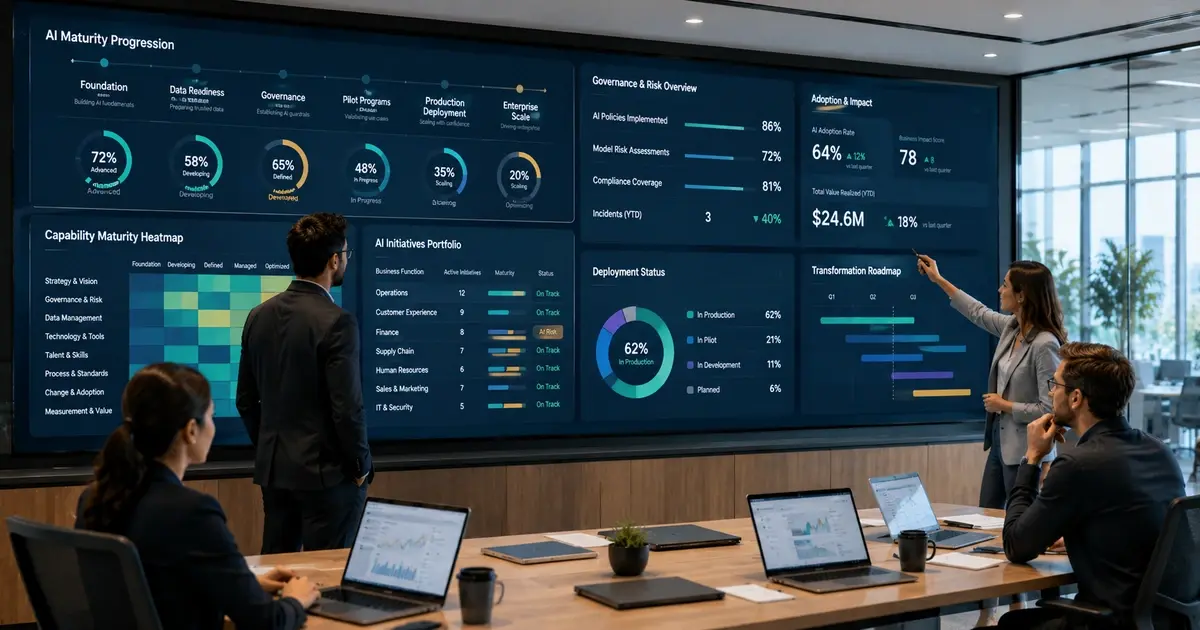 Team in a conference room reviewing AI maturity dashboards on wall-mounted screens, representing an AI center of excellence.