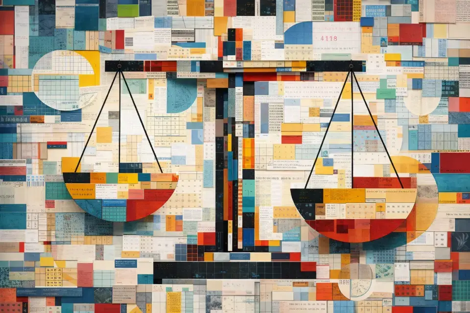 Abstract mosaic collage of a balance scale, representing AI governance frameworks weighing control and autonomy.