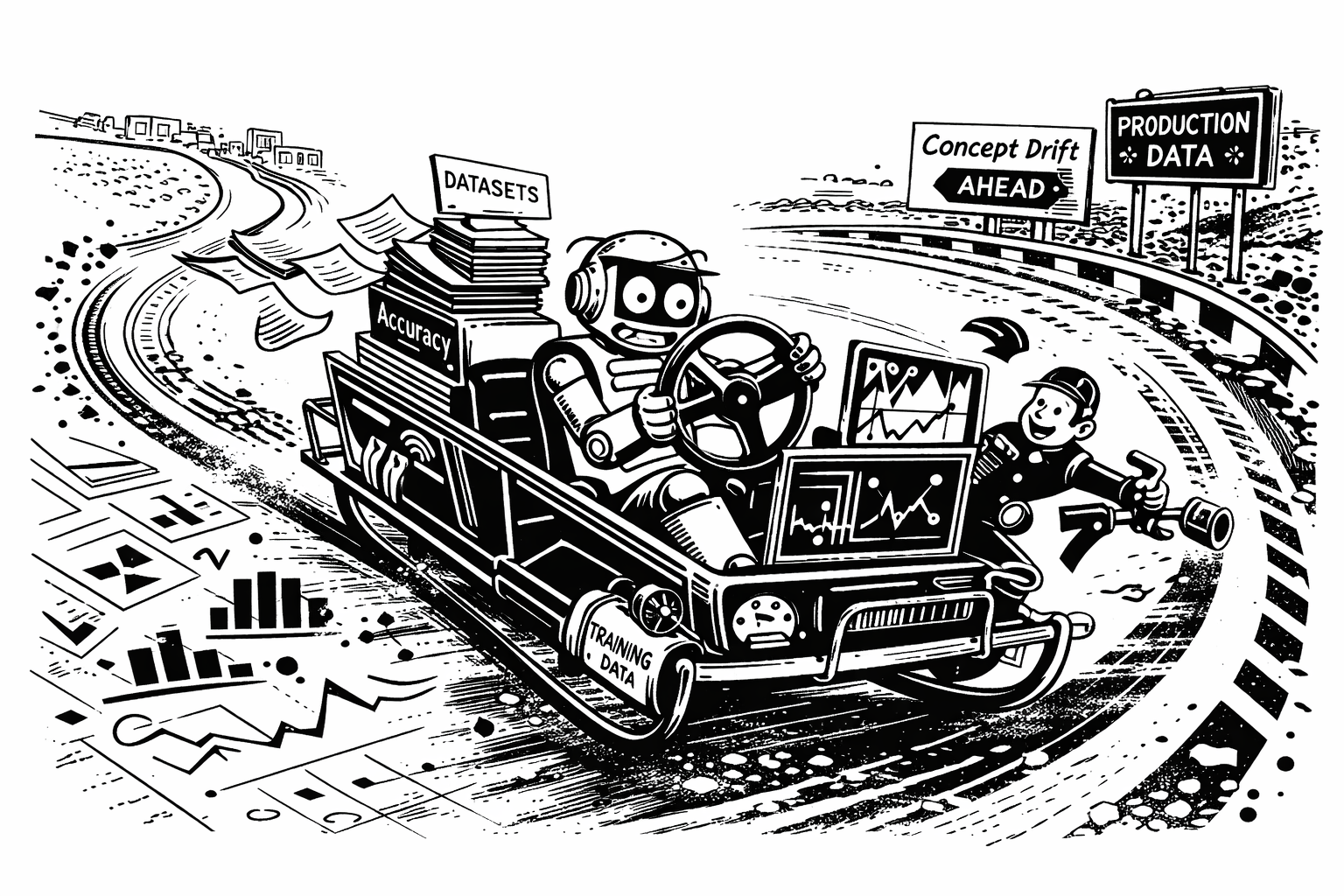 Black-and-white cartoon of robots riding a speeding cart past a 'concept drift ahead' road sign, illustrating AI model drift in production.