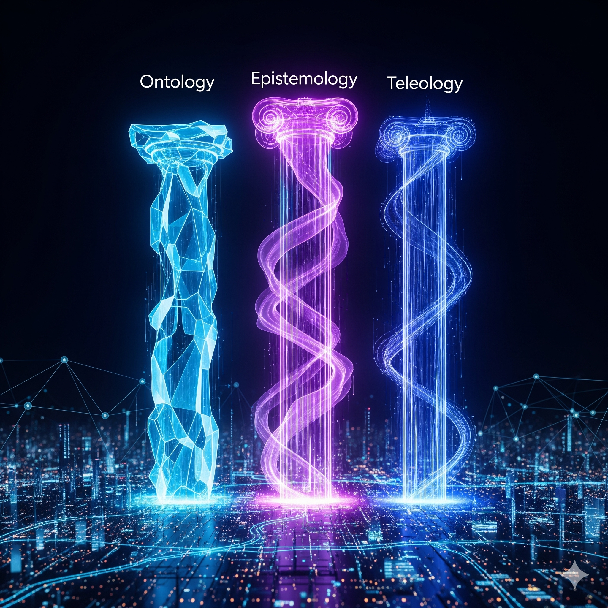Three glowing pillars of light labeled ontology, epistemology, and teleology rising from a digital cityscape, representing philosophy applied to AI.