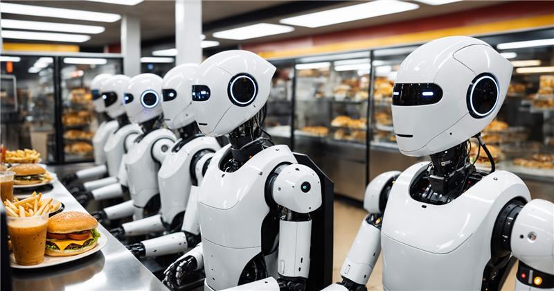 Row of white humanoid robots working a fast-food line with trays of burgers and fries, representing AI in foodservice.