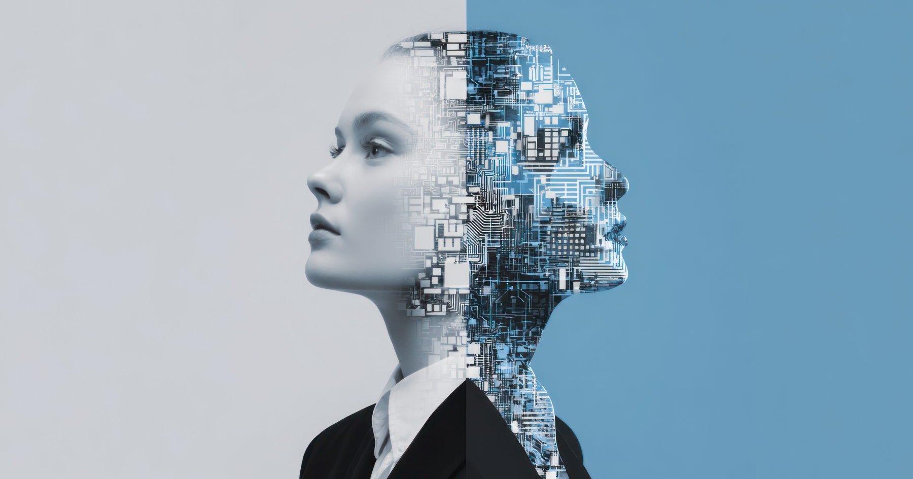 Profile of a woman in a suit with half of her head rendered as circuit boards and microchips, representing the blend of human and AI programming skills.