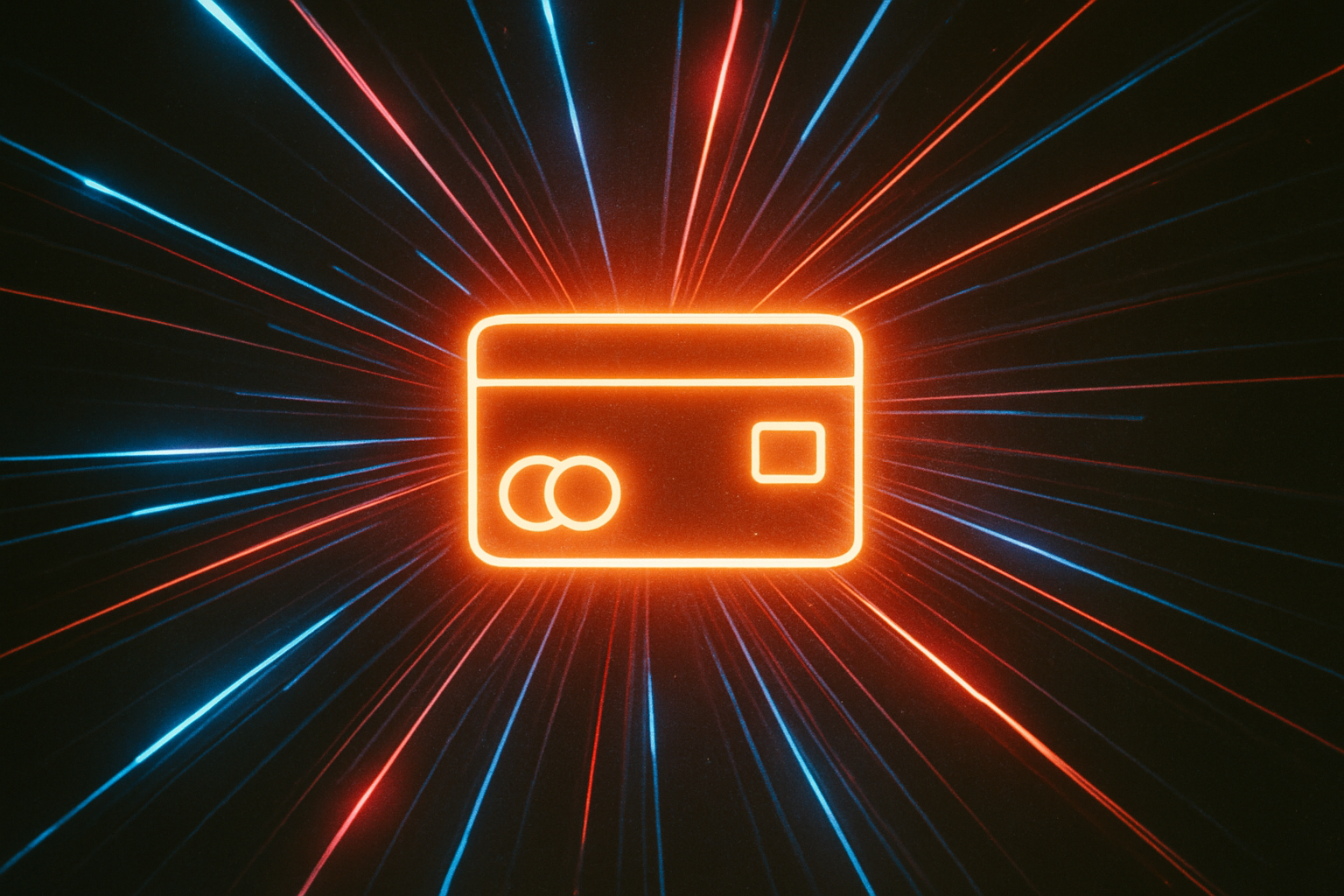 Neon outline of a credit card radiating red and blue light streaks, representing AI inference as core payments infrastructure.