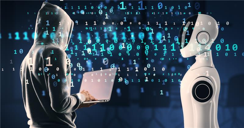 Hooded hacker with a laptop facing a white AI robot across a wall of binary code, representing the AI arms race in financial services.