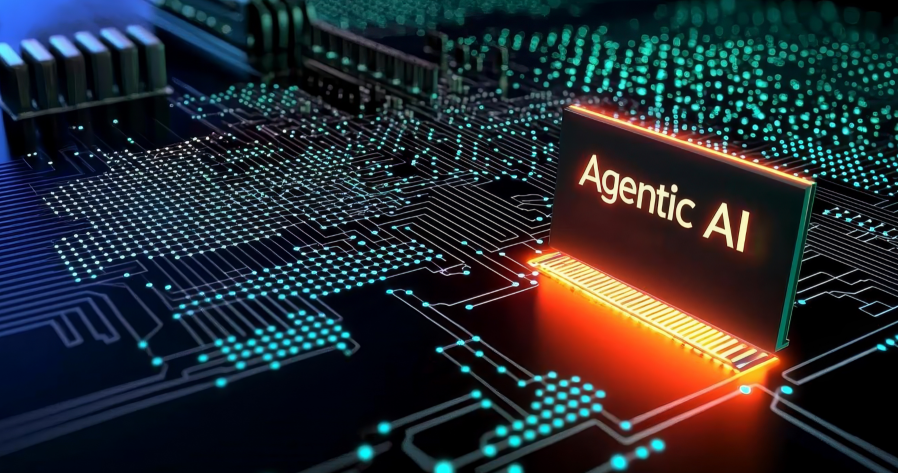 Glowing chip labeled 'Agentic AI' rising from a circuit board, representing agentic AI hype in big box retail.