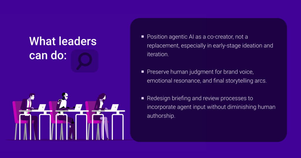 'What leaders can do' card advising positioning agentic AI as a co-creator, preserving human judgment for brand voice, and redesigning review processes.
