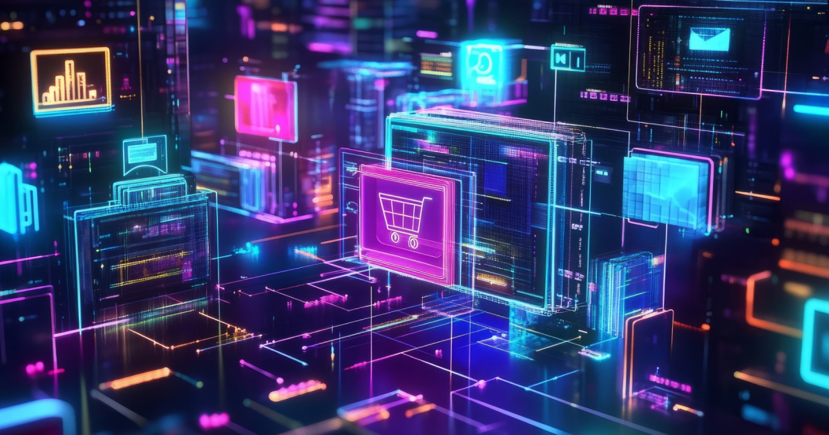 Neon 3D maze of floating payment panels with shopping cart and chart icons, representing agent-initiated payments in fintech.