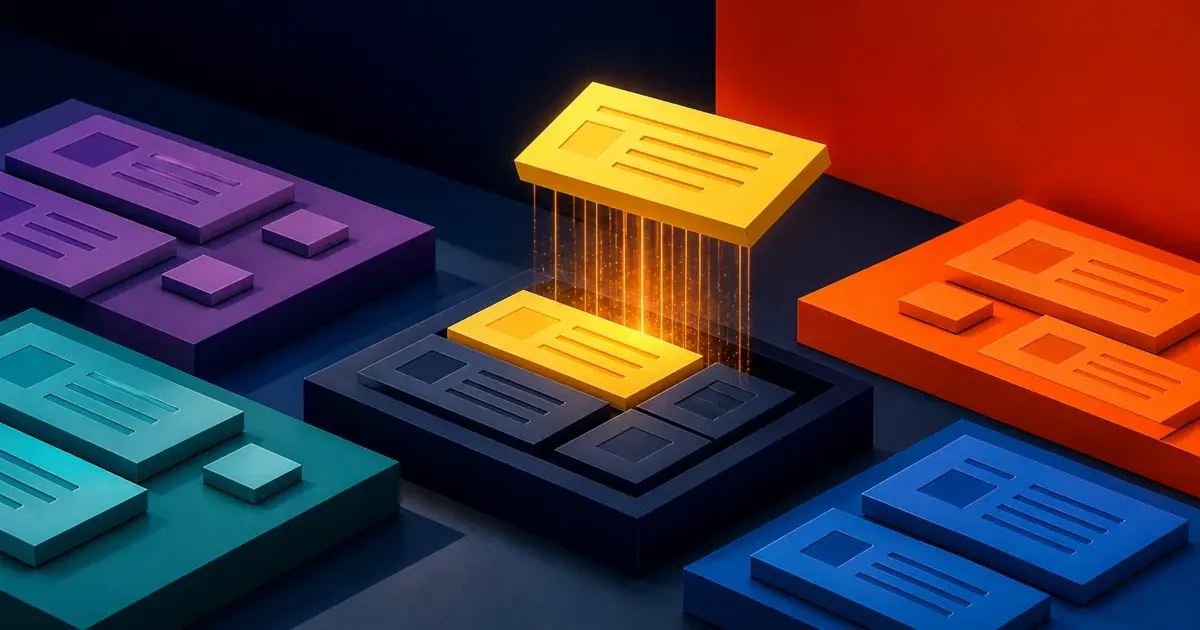 3D illustration of colorful content blocks on a dark surface, with one glowing yellow block lifted and streaming light onto the tile below, representing content selected for AI citation.