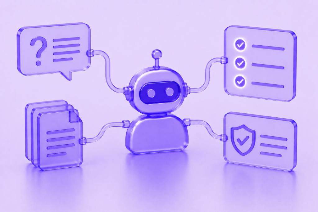 Translucent purple AI critic agent connected to enterprise knowledge sources, validation checkpoints, verification controls, and compliance review mechanisms to ensure answer accuracy.
