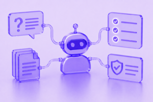 Translucent purple AI critic agent connected to enterprise knowledge sources, validation checkpoints, verification controls, and compliance review mechanisms to ensure answer accuracy.