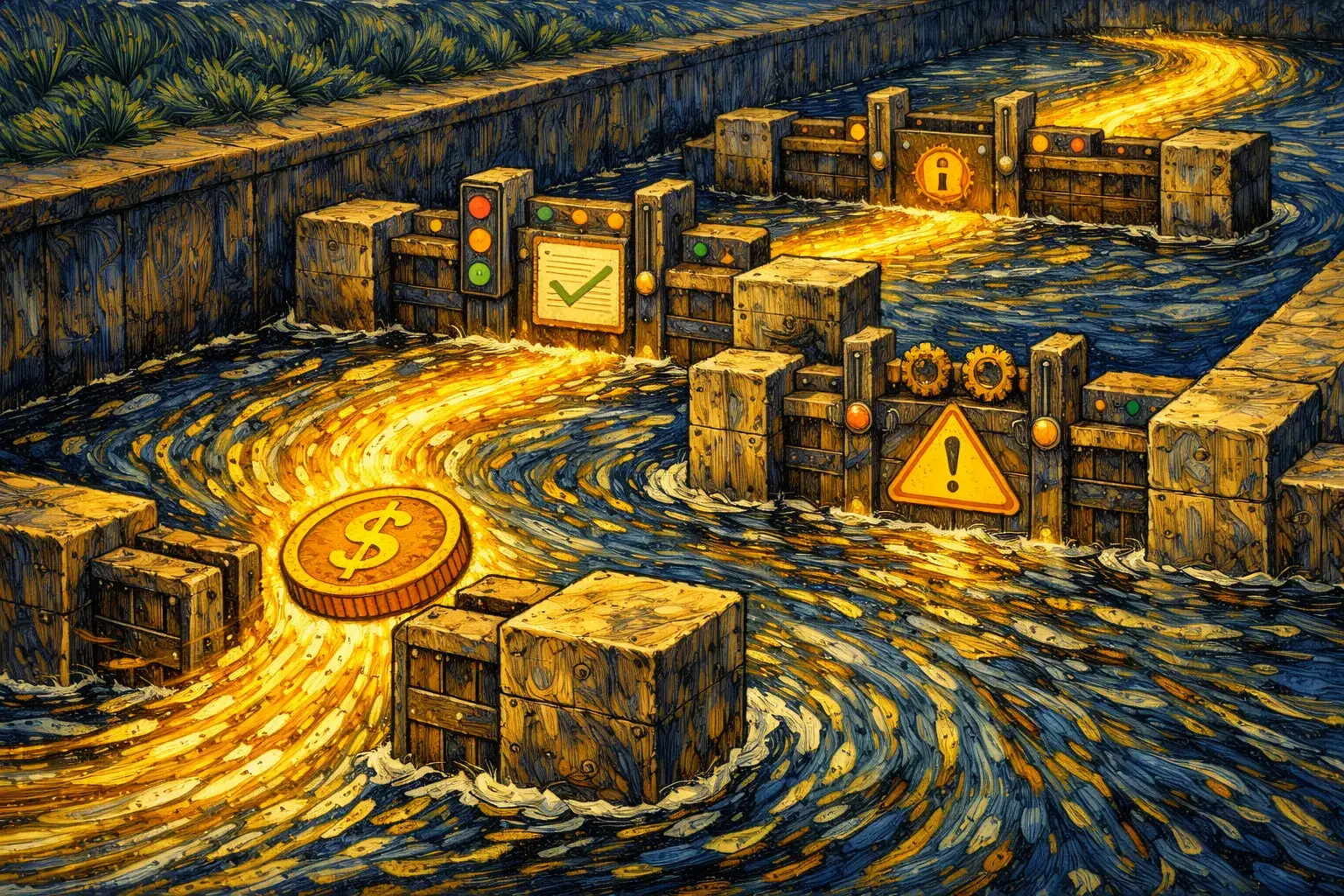 Illustration of a golden coin flowing along a winding river between stone blocks with currency and alert icons, representing cross-border real-time payments.