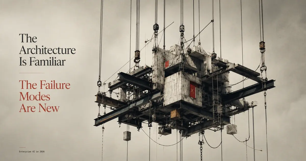 Industrial rig of dark beams and cables suspending a dense cube, with the words 'The architecture is familiar, the failure modes are new.'