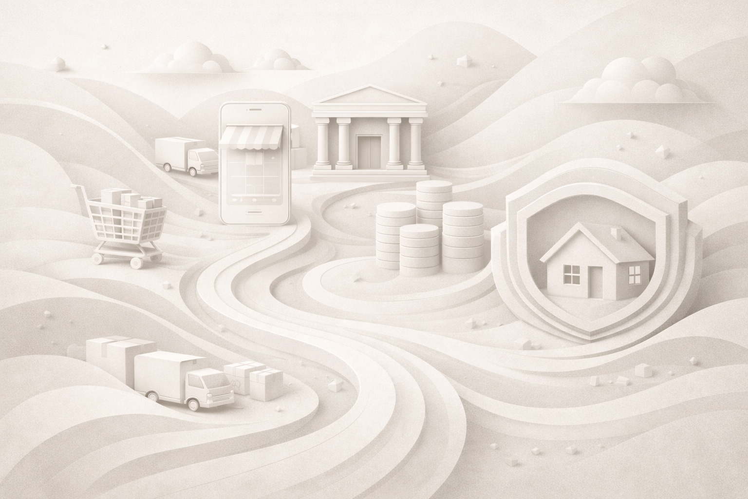 Minimalist white 3D landscape with winding paths connecting a bank, a shopping cart, a shield, and a house, representing agentic AI across insurance, banking, and commerce.