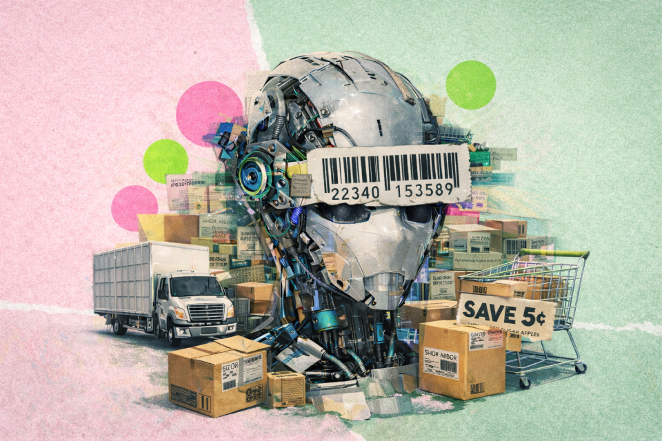 Collage of a robotic head with a barcode, delivery truck, parcels, and discount tags, representing agentic AI running retail, manufacturing, and logistics operations.
