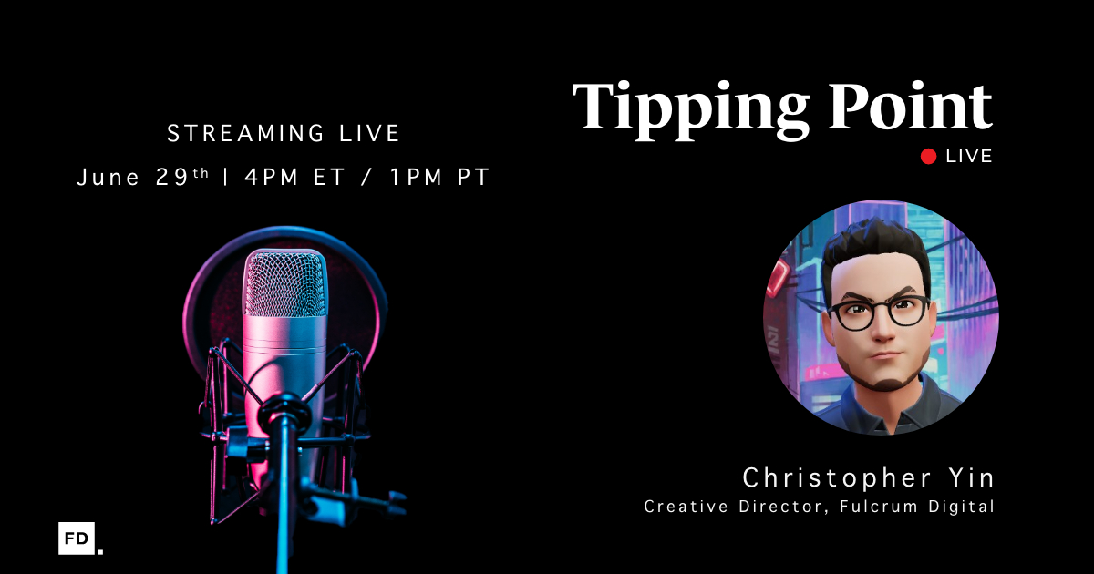 Tipping Point Live episode banner with a studio microphone and photo of Christopher Yin, Creative Director at Fulcrum Digital.