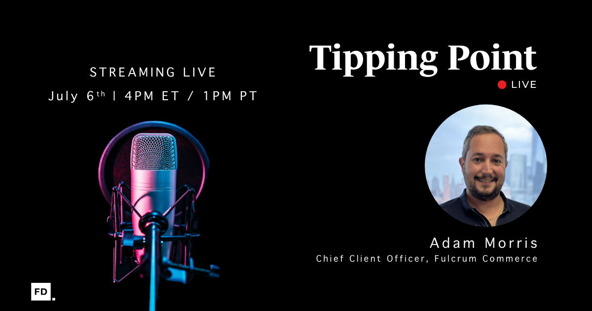 Tipping Point Live episode banner with a studio microphone and photo of Adam Morris, Chief Client Officer at Fulcrum Commerce.