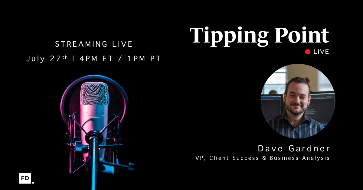 Tipping Point Live episode banner with a studio microphone and photo of Dave Gardner, VP of Client Success and Business Analysis.
