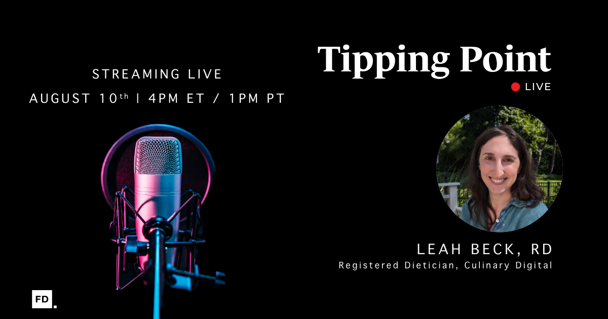 Tipping Point Live episode banner with a studio microphone and photo of Leah Beck, Registered Dietician at Culinary Digital.