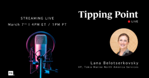 Tipping Point Live episode banner with a studio microphone and photo of Lana Belotserkovskaya, VP of Tokio Marine North America Services.