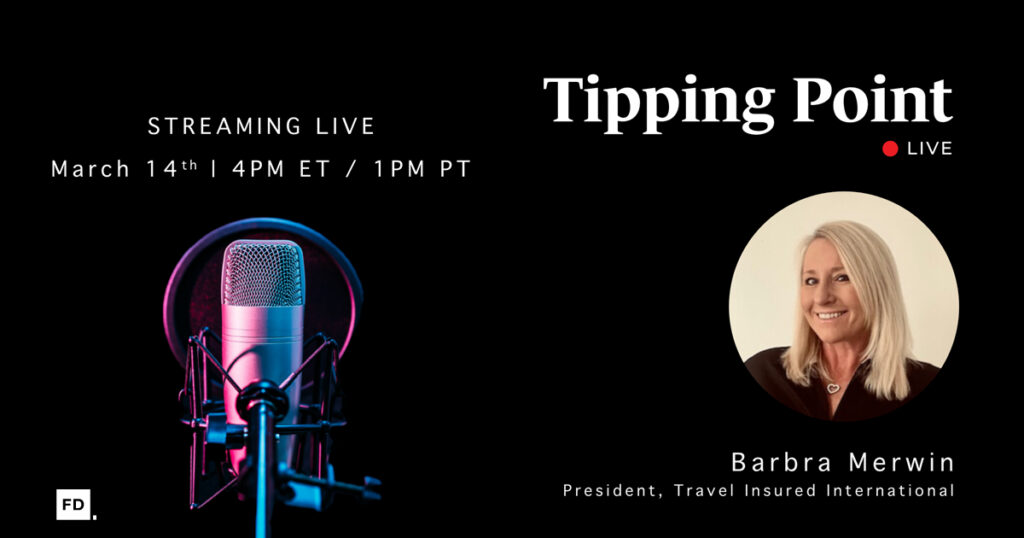 Tipping Point Live episode banner with a studio microphone and photo of Barbra Merwin, President of Travel Insured International.