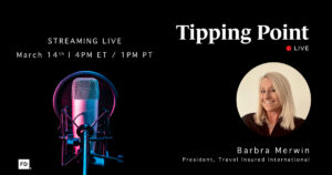 Tipping Point Live episode banner with a studio microphone and photo of Barbra Merwin, President of Travel Insured International.