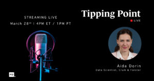 Tipping Point Live episode banner with a studio microphone and photo of Aida Dorin, Data Scientist at Crum & Forster.