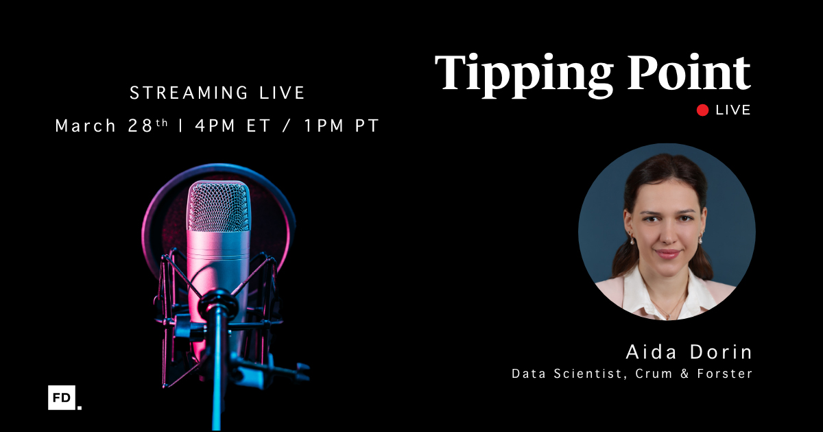 Tipping Point Live episode banner with a studio microphone and photo of Aida Dorin, Data Scientist at Crum & Forster.