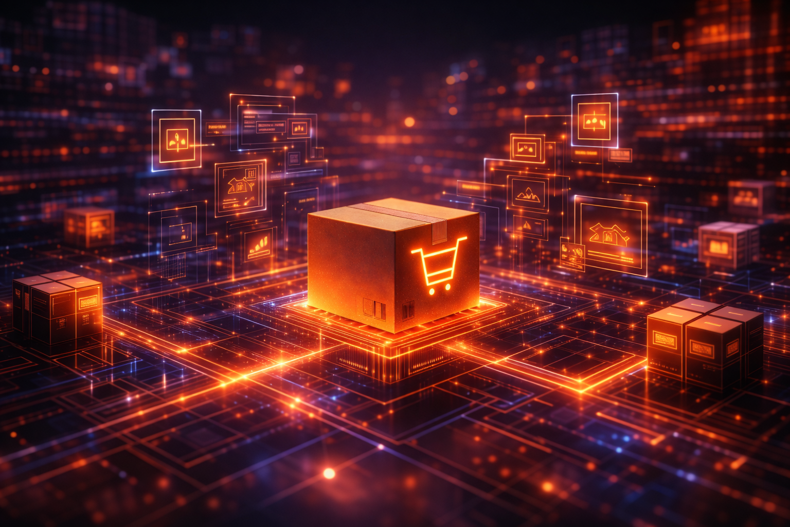 Glowing orange cube with a shopping cart icon at the center of a futuristic circuit-board landscape, representing AI turned into commercial impact for ecommerce.