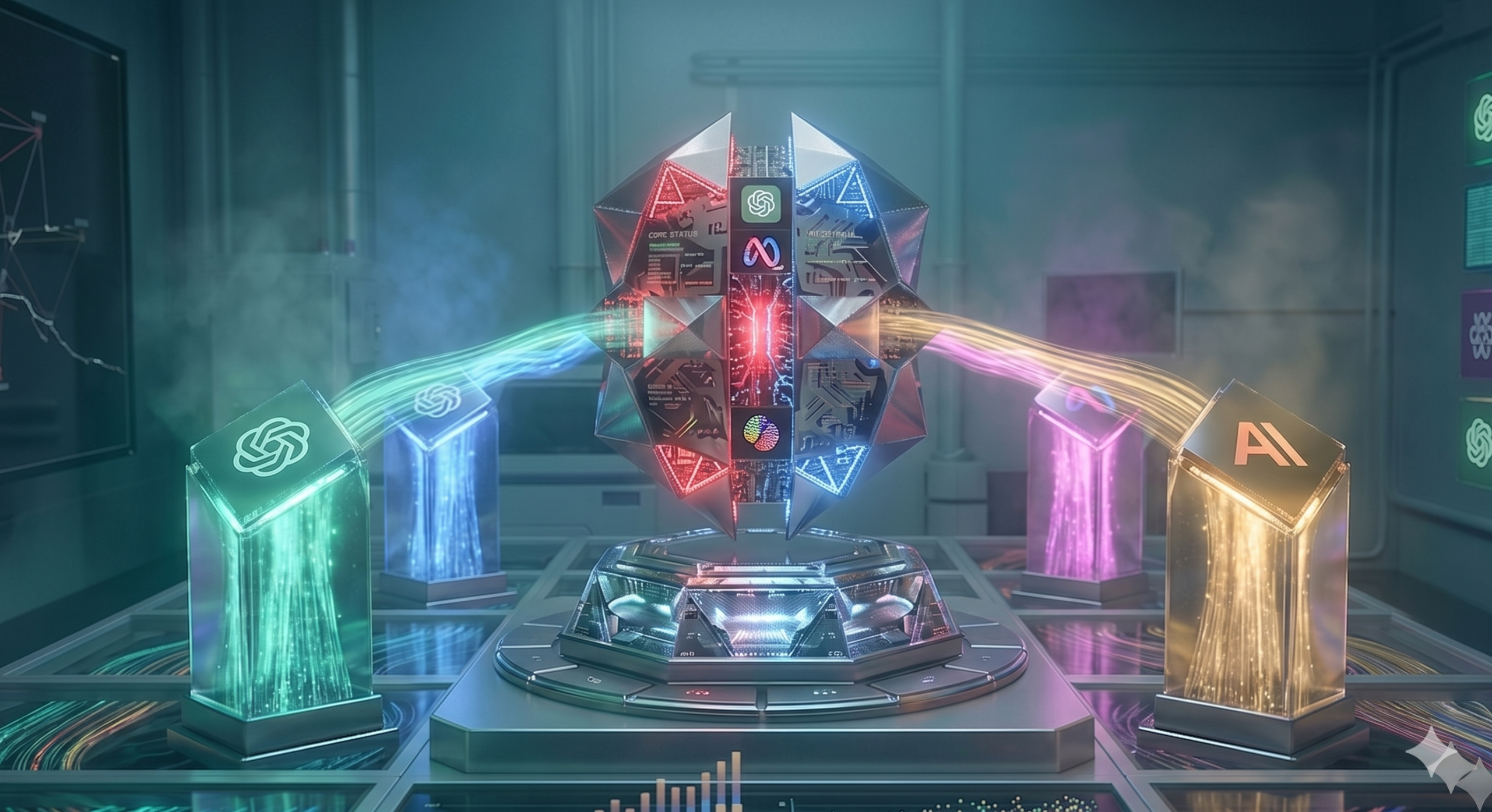 Futuristic machine with glowing pillars for different AI platforms projecting beams into a fractured holographic brand emblem.