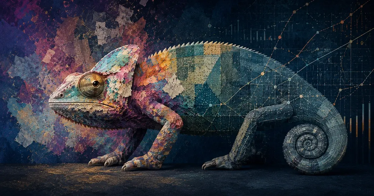 A textured editorial illustration of a chameleon symbolizing generative AI and predictive AI. The front half features colorful creative patterns and collage textures, while the back half transitions into forecasting grids, data markings, and analytical linework. Set against a dark cinematic background, the image represents the adaptive nature of enterprise AI systems.