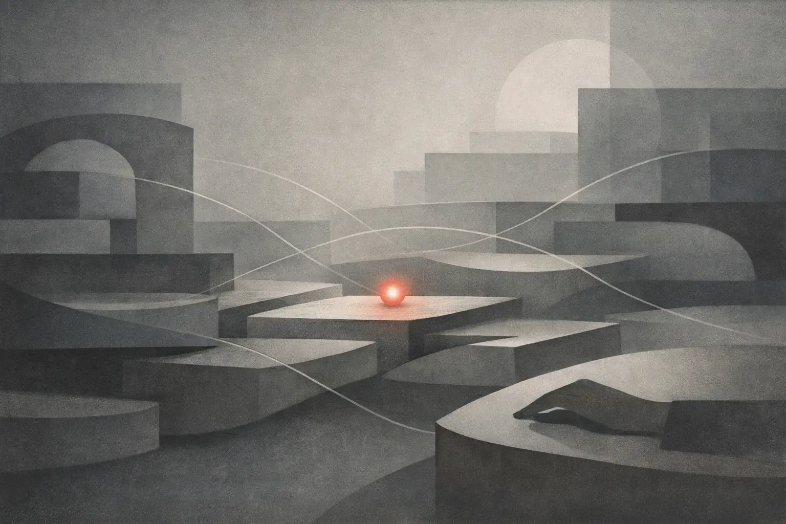 Muted gray landscape of layered stone-like platforms with a single glowing red light, representing AI platforms operating quietly in the real world.