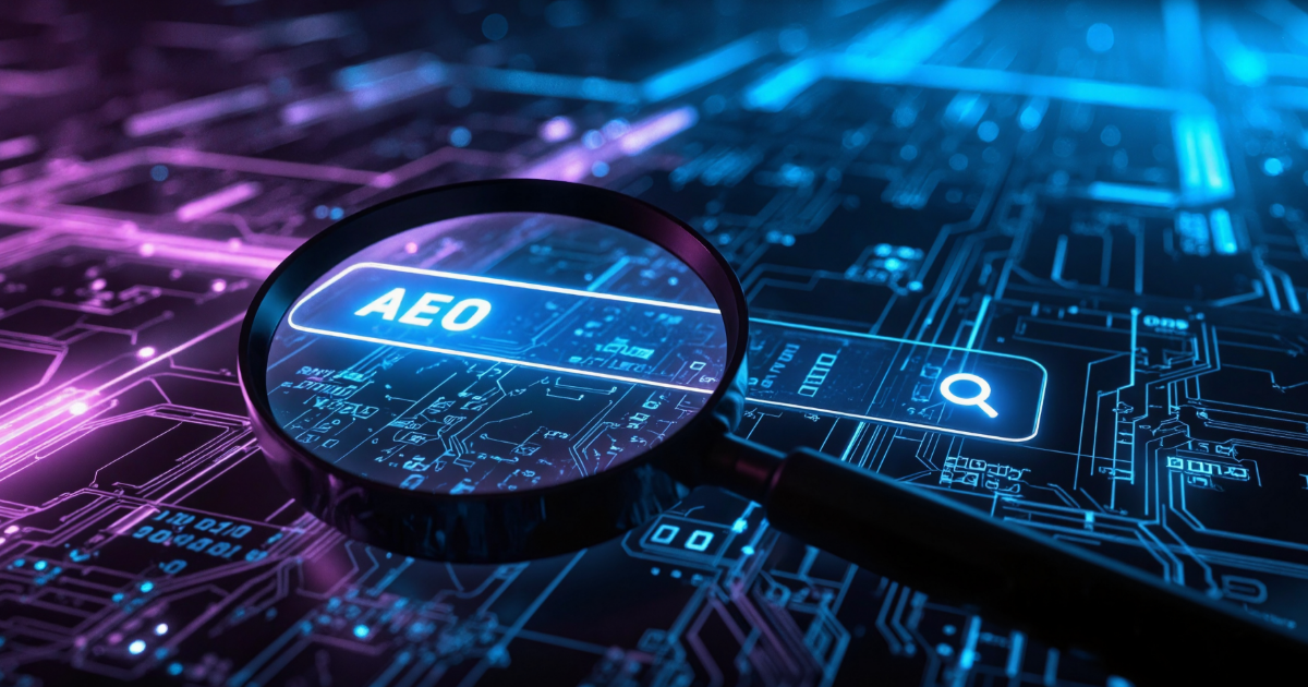 Magnifying glass over a glowing search bar labeled 'AEO' on a futuristic circuit board, representing answer engine optimization for zero-click search.
