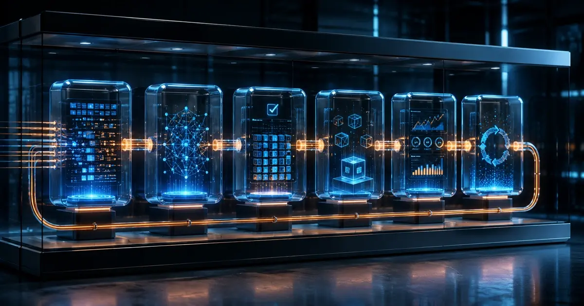 Row of glowing glass capsules holding machine learning icons connected in a pipeline, representing MLOps.