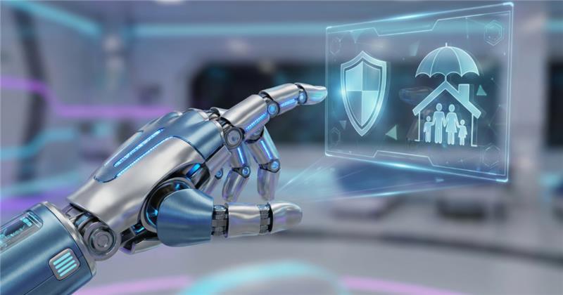 Robotic hand pointing at a holographic panel with insurance icons for protection, family, and home, representing legacy insurance system migration.