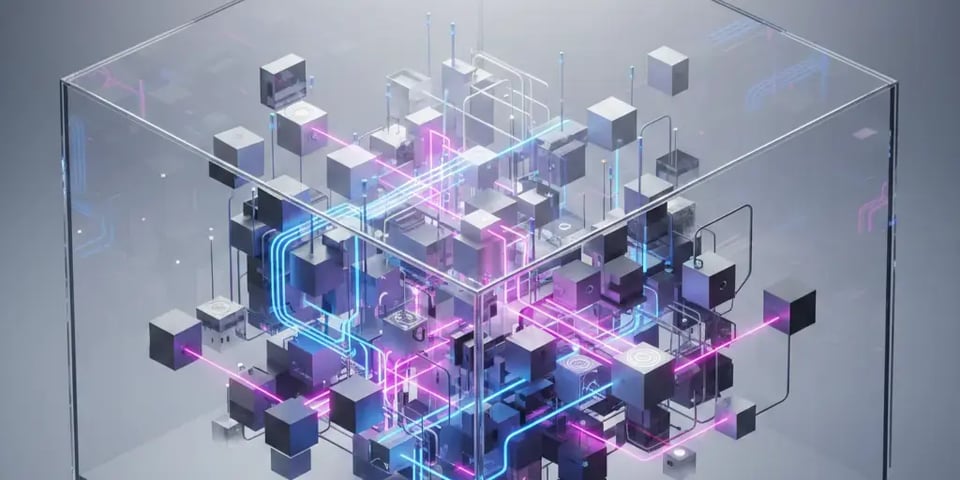 Translucent glass cube containing interconnected smaller cubes linked by glowing purple circuits, representing an enterprise agentic AI platform.