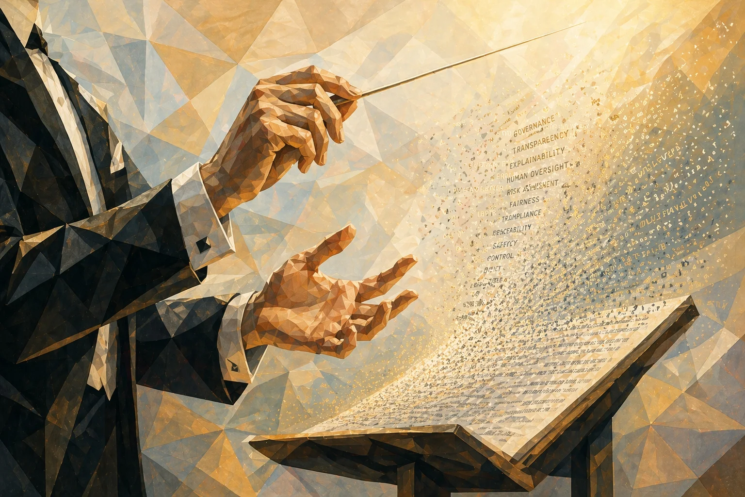 A low-poly artistic illustration of an orchestra conductor, with glowing text emerging from a music stand listing AI governance principles such as "Governance," "Transparency," "Explainability," "Human Oversight," and "Risk Assessment."