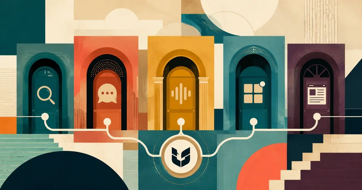 Abstract illustration of search everywhere optimization with five connected digital channels represented by colorful archways.