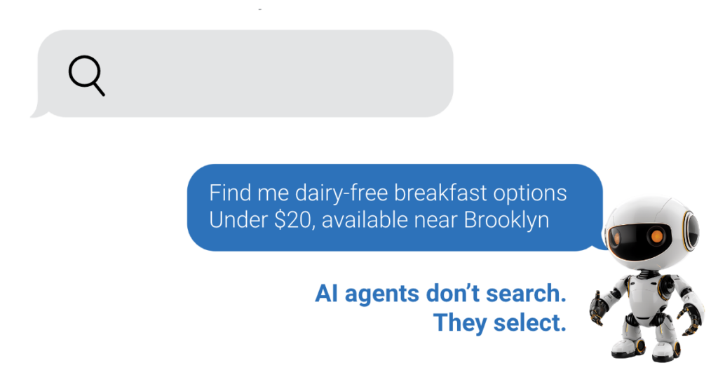 Illustration of a chat request asking for dairy-free breakfast options under  near Brooklyn, with the caption 'AI agents don't search. They select.'