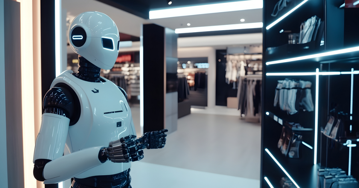 White humanoid robot browsing racks in a neon-lit clothing store, representing AI agents shopping without human shoppers.