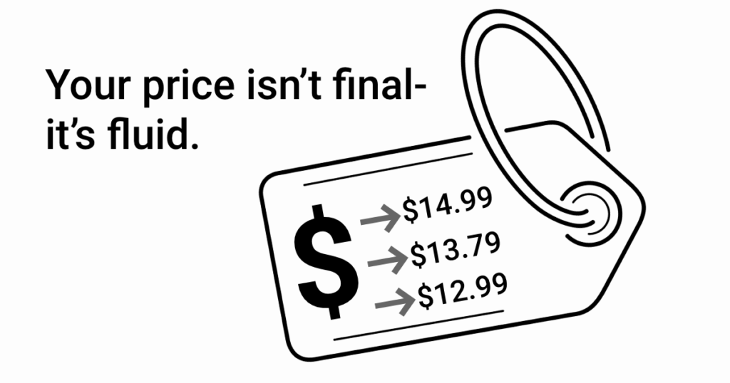 Illustration of a price tag stepping down from .99 to .99 with the caption 'Your price isn't final â€” it's fluid.'