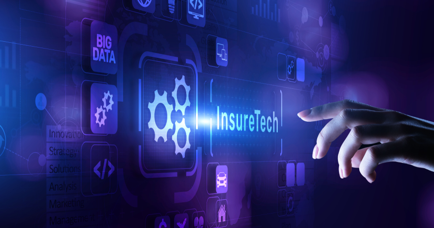 Robotic hand touching a glowing 'InsureTech' interface with gears and big data icons, representing InsurTech and Takaful growth in the Middle East.