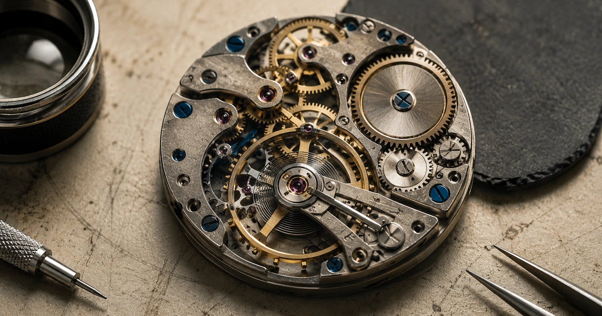 A textured editorial close-up of an exposed mechanical watch movement on a workbench, showing gears, springs, screws, and regulating mechanisms, symbolizing the precision, calibration, and operating discipline required for production-ready agentic AI platforms.