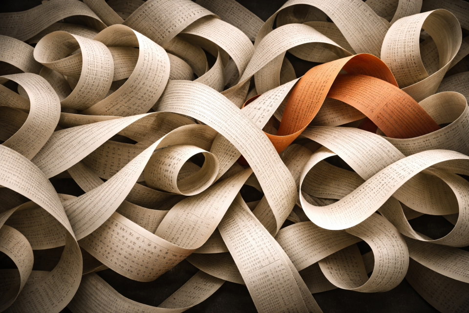 Tangled mass of interwoven paper ribbons with a single orange ribbon threading through, representing the hidden costs woven into AI total cost of ownership.