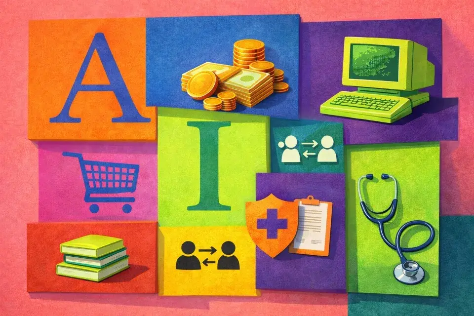 Colorful illustration of AI applications across industries including healthcare, finance, retail, and technology