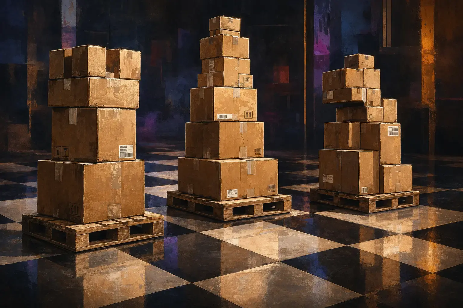 Stacks of cardboard boxes arranged like chess pieces on a checkered warehouse floor, representing strategic inventory optimization.