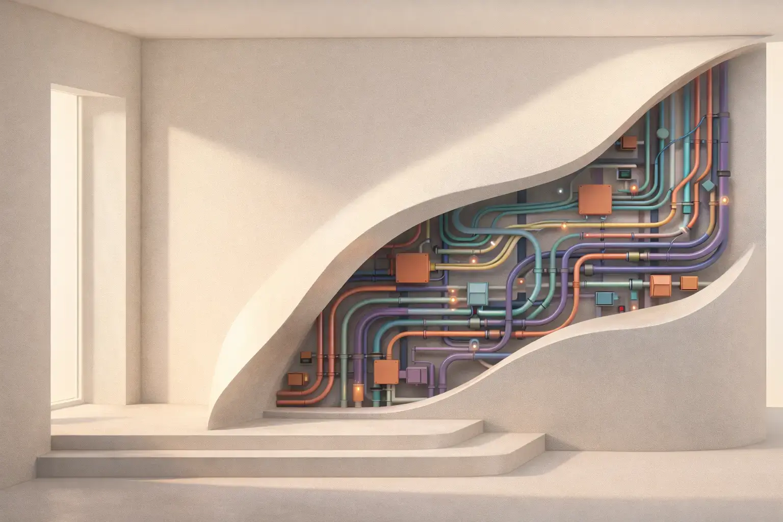 Minimalist white gallery wall opening to reveal layers of colorful circuitry and cabling behind it, representing the hidden digital infrastructure of an enterprise.