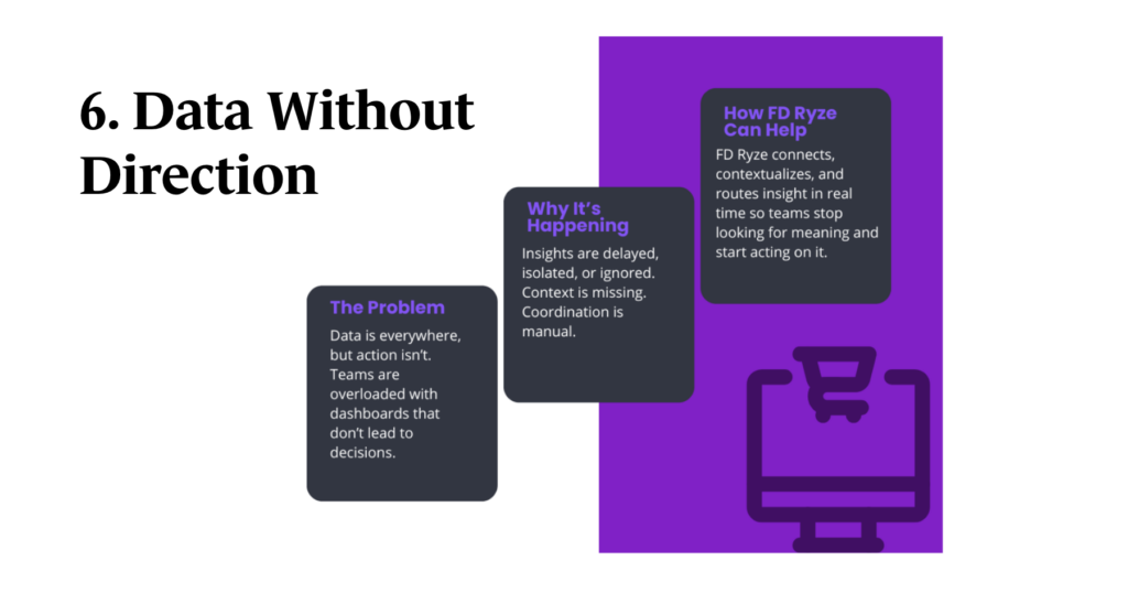 Card titled '6. Data without direction,' describing dashboards that don't lead to decisions and how FD Ryze contextualizes and routes insight in real time.