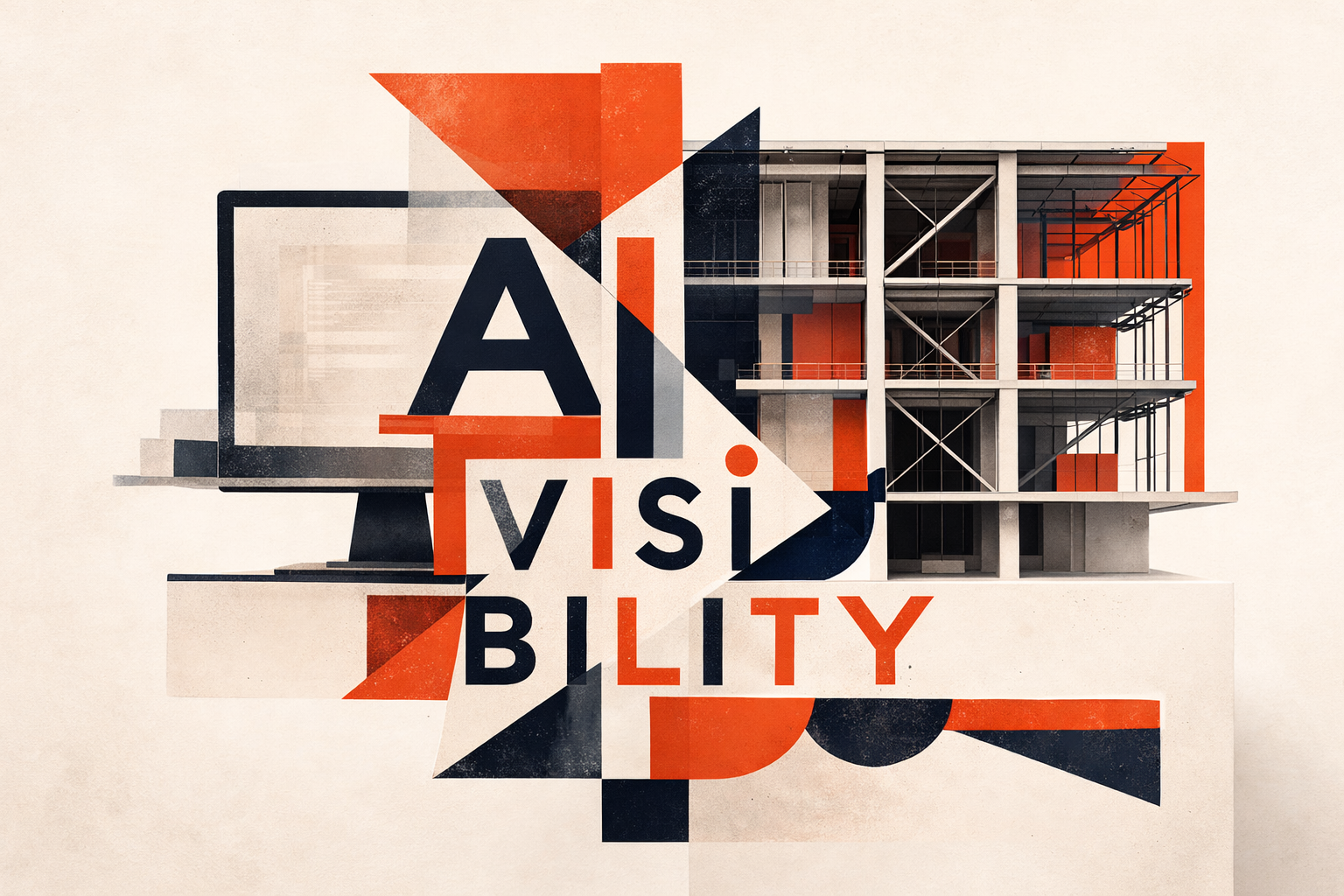 Geometric collage spelling 'AI visibility' in bold typography over abstract architectural shapes.